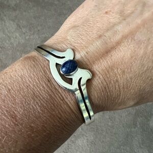 Taxco Sterling Silver Cuff Bracelet with Deep Blue Sodalite Stone Vintage